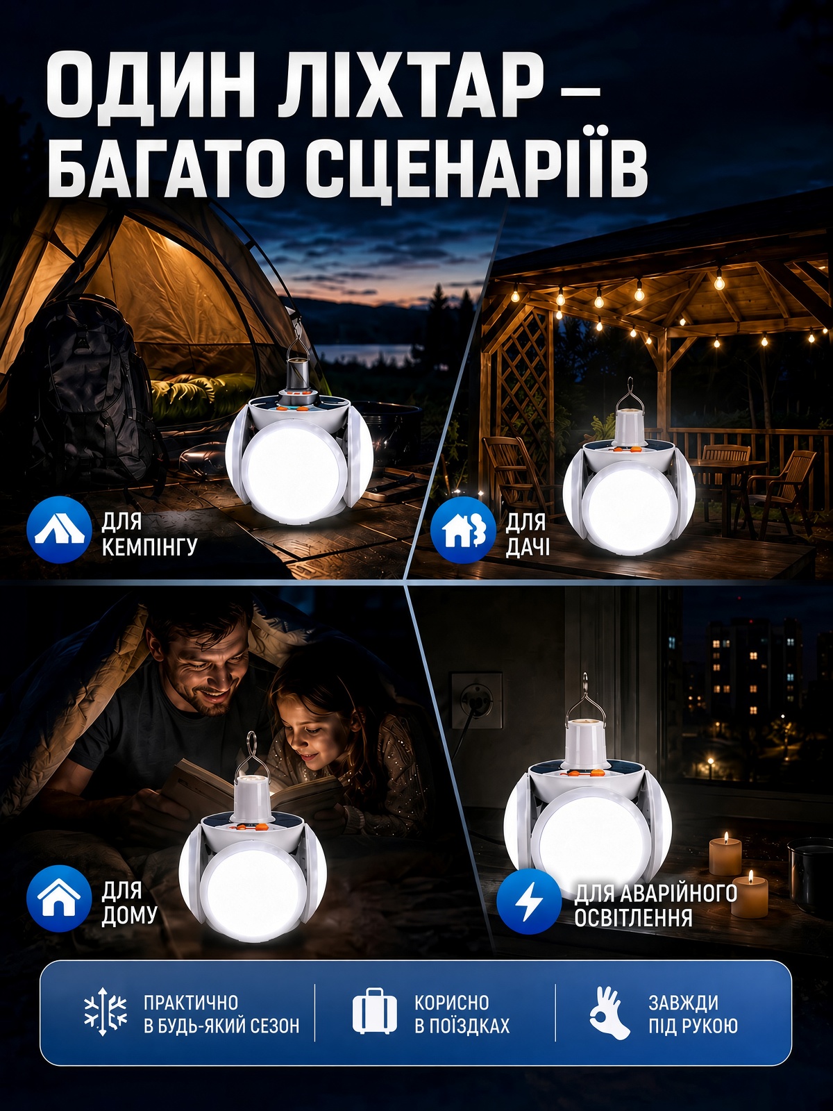 Акумуляторний LED світильник з сонячною панеллю фото